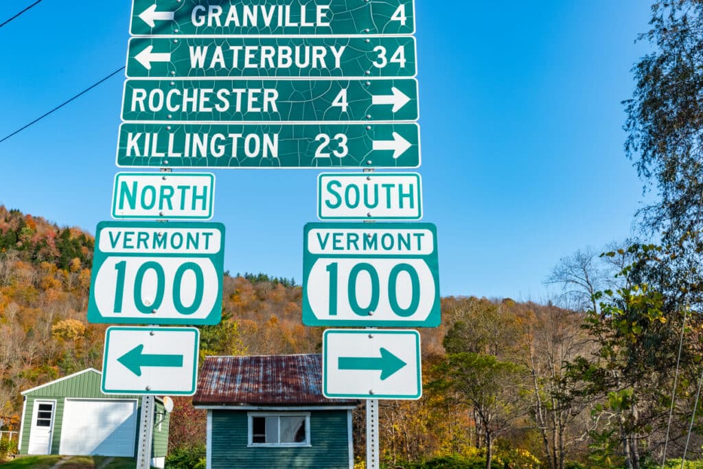 Vermont Rte 100 view. Highway Sign in Hancock Town, Vermont, USA.