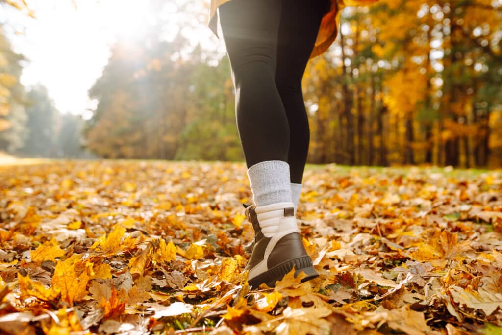 Close-up of a young female hiker's legs in hiking boots walking on bright fallen leaves. A female traveler walks through a sunny forest. Travel, hiking concept. Active lifestyle.